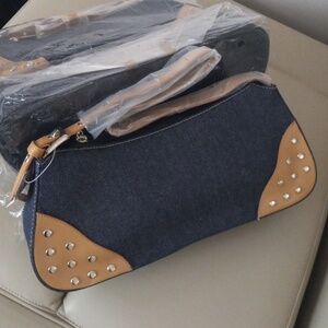 Denim Shoulder Bag with Tan Fuax Leather Studded Trim Back Zip Pocket Detail